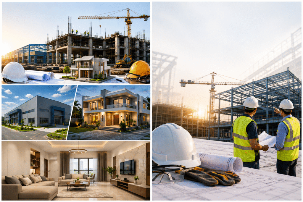 Construction company -showcasing industrial, residential- commercial, and interior design projects.