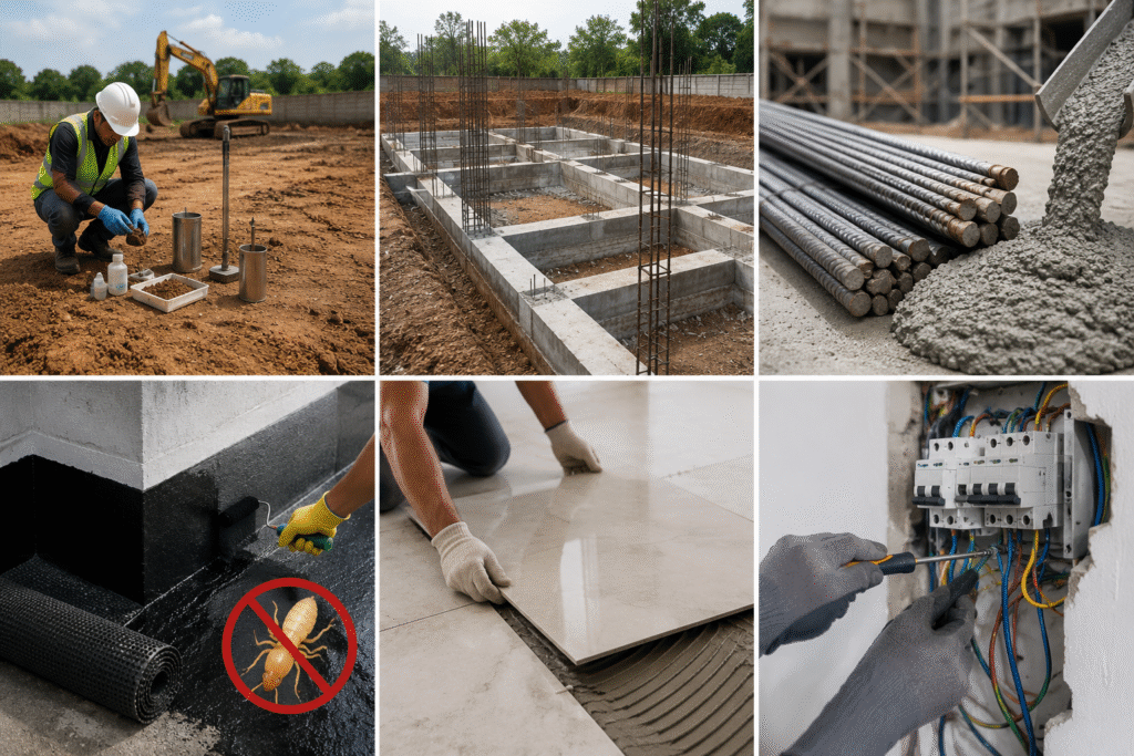 Construction services- including foundation-steel, concrete -tiling, electrical, and anti-termite work.