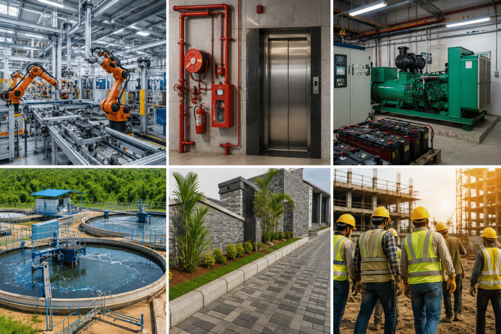 Industrial automation- lift installation- generator systems- water treatment plant-paving work-and construction site services.
