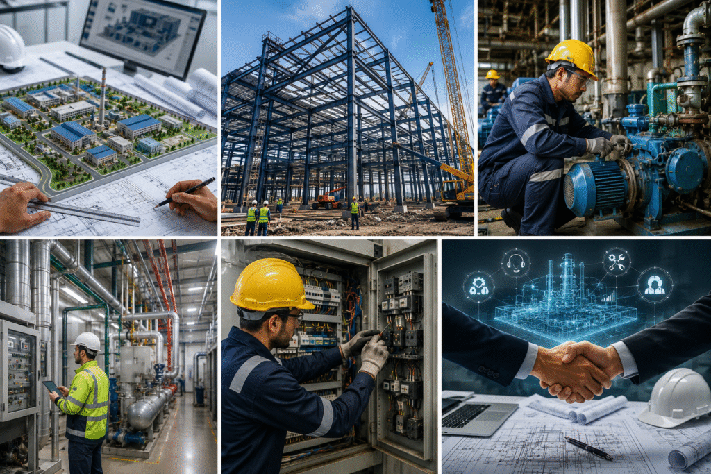 Industrial -construction planning -steel structure -equipment maintenance- factory inspection- and engineering services.