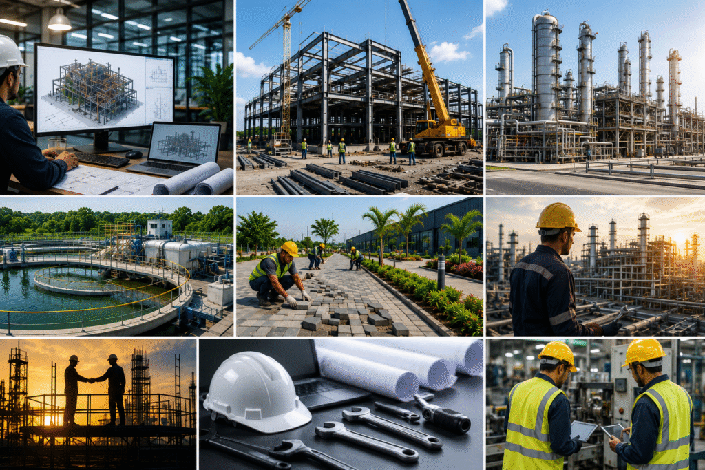 Industrial construction services including factory buildings, steel structures, and plant construction by NNC Construction.