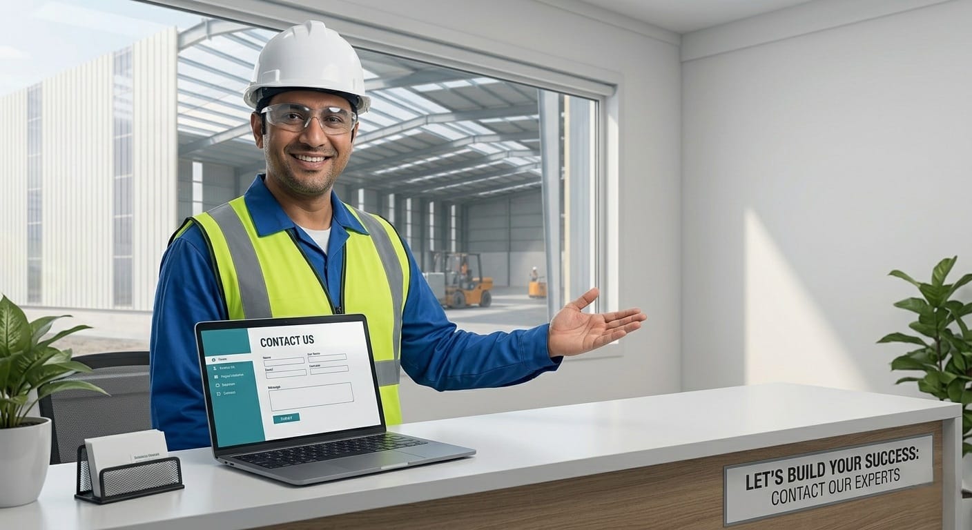 Construction engineer welcoming- clients at the reception- desk with a contact form displayed on a laptop.